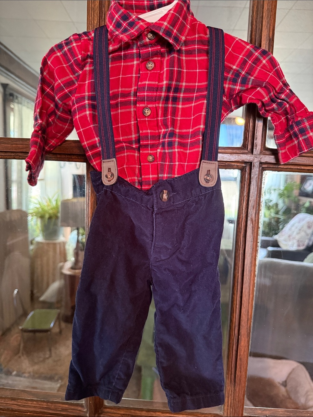 Carters Child of Mine Baby Boy Red Plaid Shirt Navy Corduroy Suspenders Set 3-6M